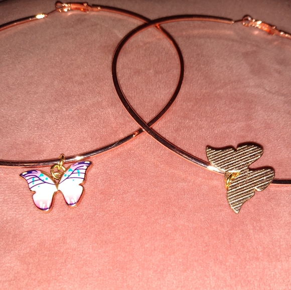 Huge Rose Gold Pink Butterfly Charm Hoops Big XL Oversized Hoop Earrings KATTA - Picture 5 of 9